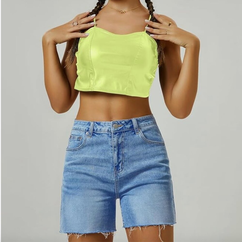 Womens High Waist Jean Shorts Wide Straight Leg Long Denim Short (14)